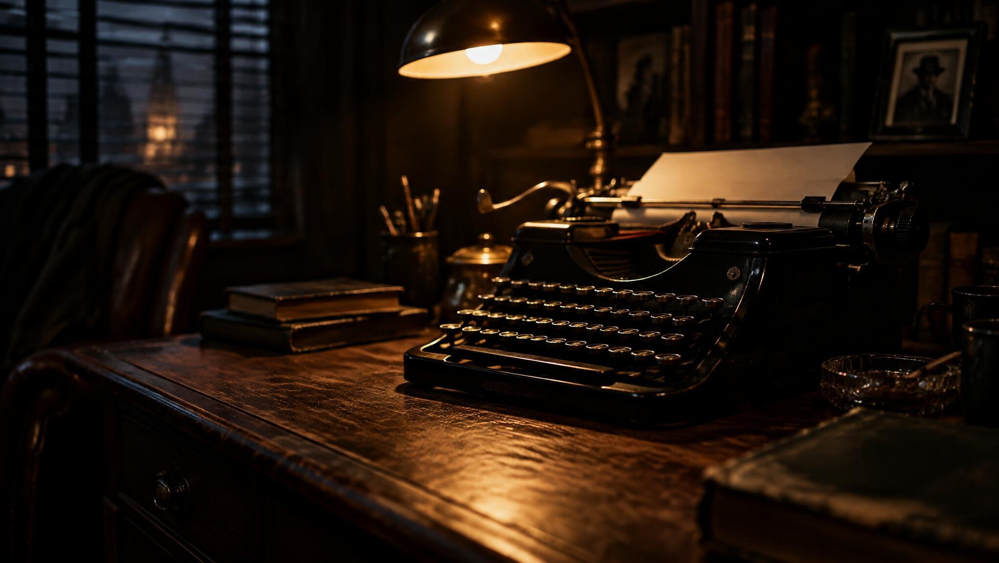 Vintage typewriter on a wooden desk under warm lamp light