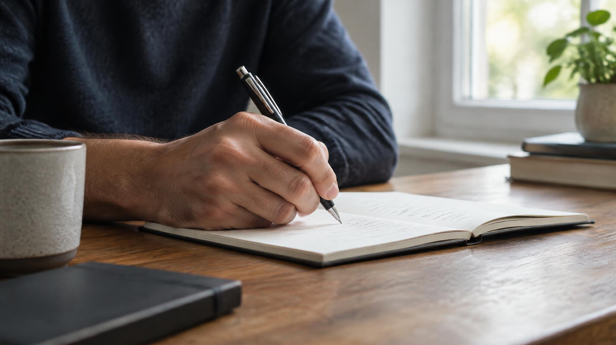Close-up of a hand writing with a pen on paper