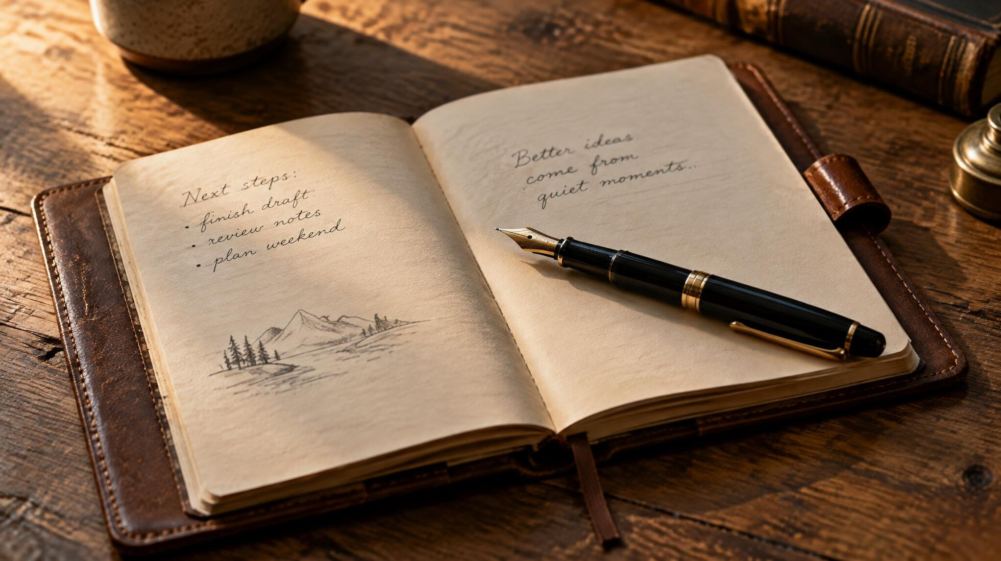 Open notebook with a fountain pen on a desk