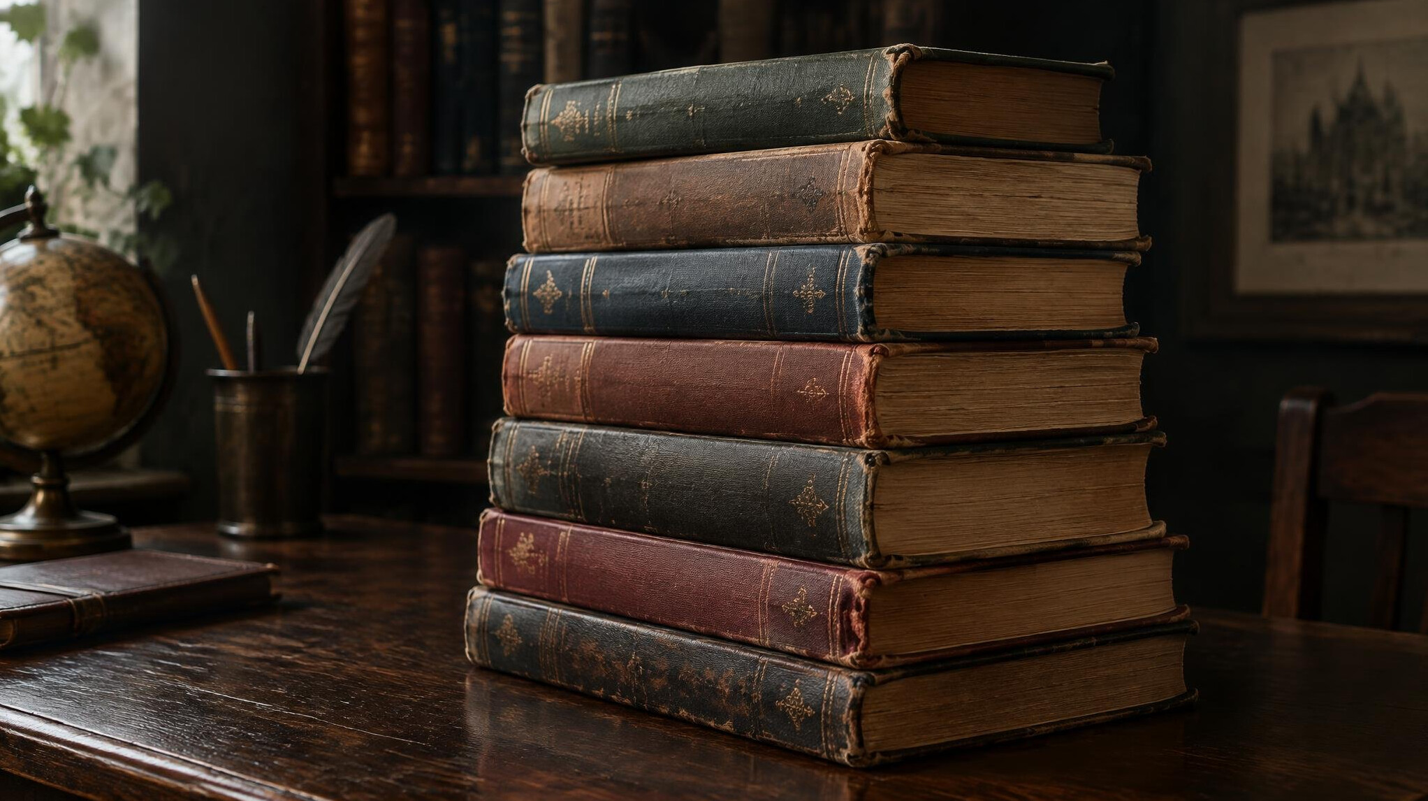 Stack of old hardcover books on a wooden table