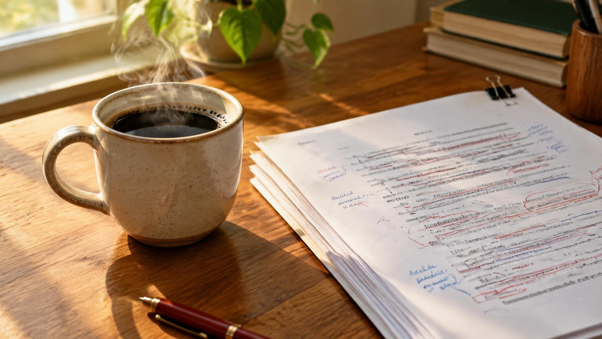 Cup of coffee beside printed manuscript pages