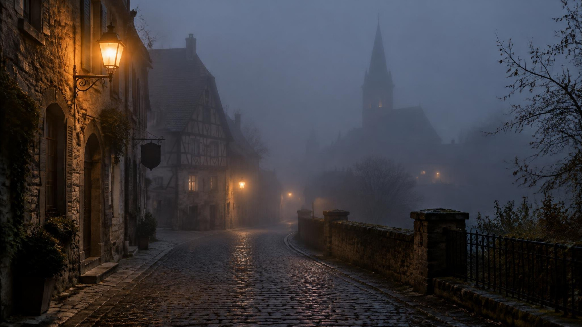 Foggy street at dusk with dim streetlights